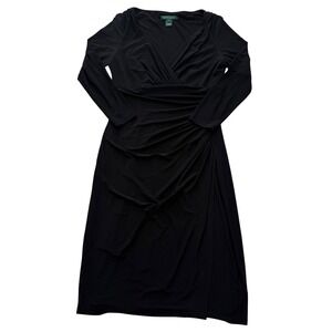 Lauren Ralph Lauren Black Faux Wrap Ruched V-Neck Midi Dress Long Sleeve 4